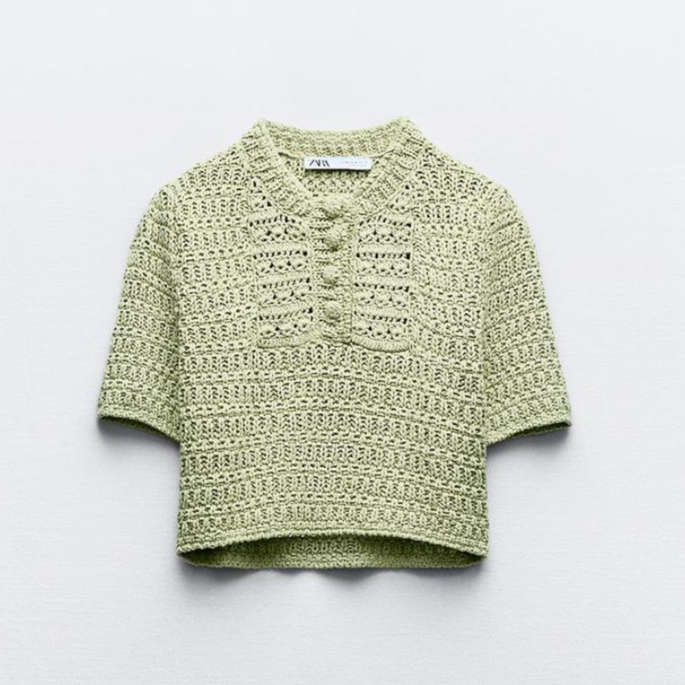 Zara green crochet short sleeve sweater
